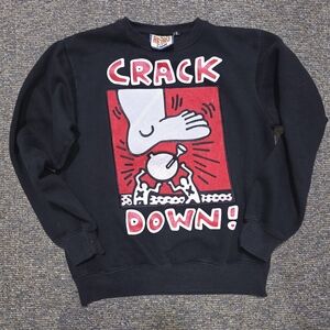 Retro Label "Crack Down!" Keith Haring-Inspired Embroidered Patch Crewneck Sweat